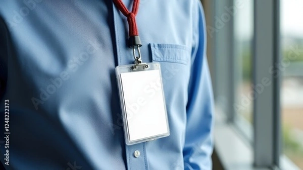 Obraz A lanyard mockup with a blank ID card hanging from a red lanyard on a person wearing a blue shirt.