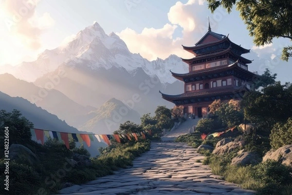 Fototapeta Nestled between majestic peaks, a serene temple awaits in the golden light of dawn, inviting travelers on a tranquil journey through nature
