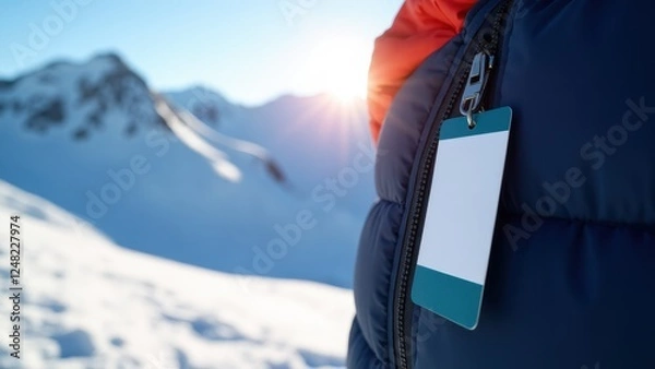 Fototapeta Ski pass mockup attached to a jacket with a snowy mountain background.