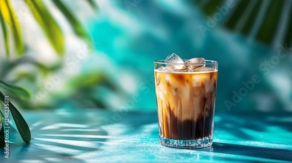 Obraz Chilled iced coffee in a glass, set against a vibrant tropical backdrop; ideal for refreshing drink and summer lifestyle imagery.