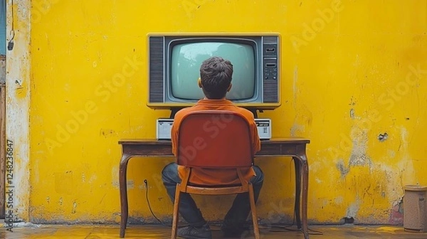 Fototapeta A Man Sits Before a Vintage Television Against a Yellow Wall: A Nostalgic View of Retro Technology and Solitude