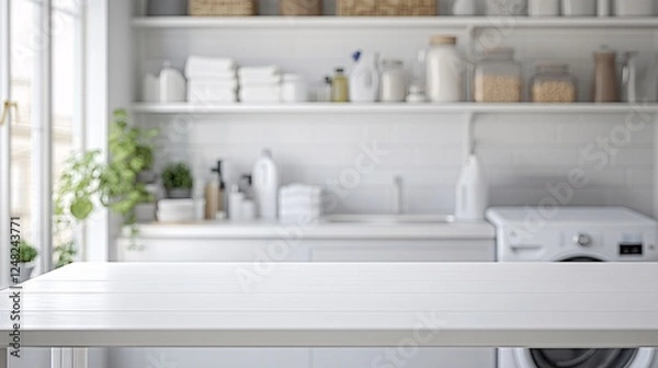 Fototapeta Simple white table with a blurred laundry room backdrop; great for showcasing products or creating a tidy, home-focused aesthetic.