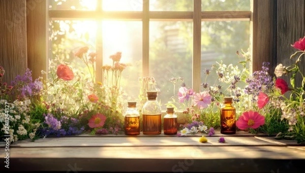 Fototapeta Beautiful Herbal Essence Bottles Arranged on Wooden Table with Colorful Wildflowers and Morning Sunlight Streaming through Window