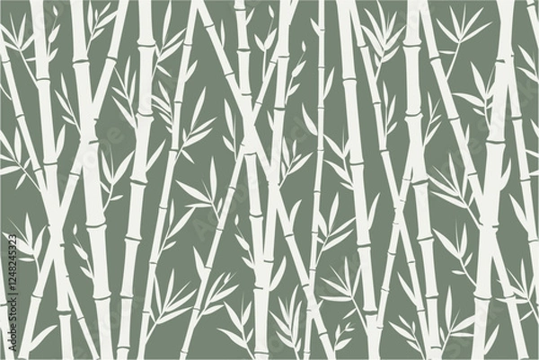Obraz Bamboo seamless horizontal frame on green background, vector pattern of white bamboo stems.