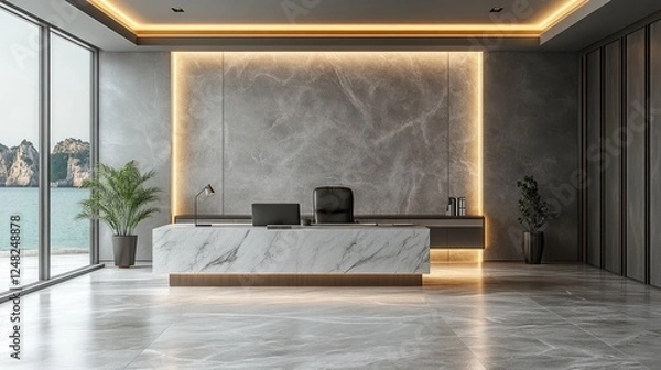 Fototapeta Modern office reception area with marble desk, ocean view, and stylish lighting accents