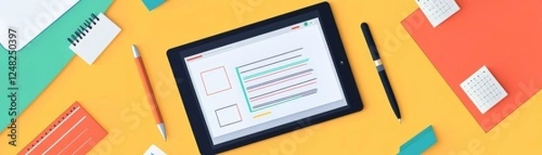 Fototapeta A vibrant workspace featuring a tablet displaying colorful text, surrounded by stationery items and a bright yellow background.