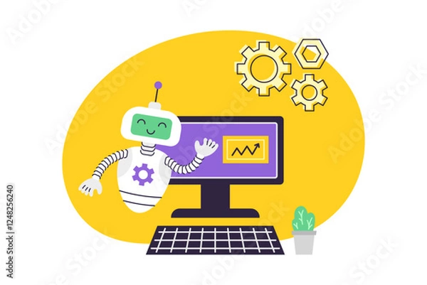 Fototapeta AI Robot assistant points at computer. Artificial Intelligence Data Analytics. Business and Education Concept. Isolated vector illustration On yellow background.