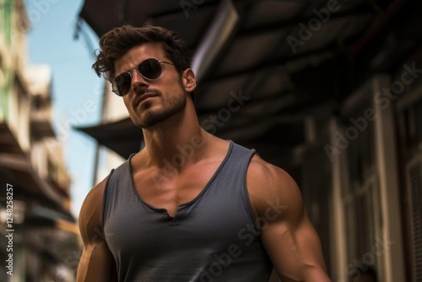 Obraz A man wearing a blue tank top and sunglasses stands on a sidewalk