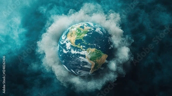 Fototapeta Stunning View of Earth Surrounded by Mist and Clouds on a Dark Turquoise Background