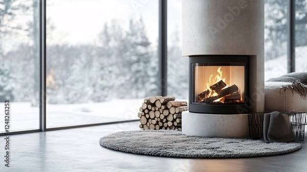 Obraz Stylish heating stove with flickering flames and a wood log rack, adding a cozy and chic touch to modern interior design or winter-themed visuals.