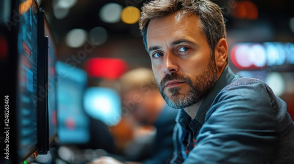 Fototapeta Stock market traders monitoring real-time stock prices on multiple monitors in a vibrant trading floor