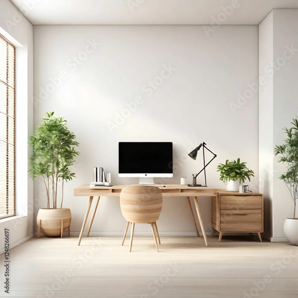 Fototapeta Modern Office Space: Empty White Wall Mockup