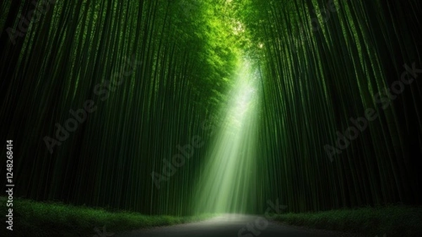 Fototapeta Sunlight beams through tall, dense bamboo forest, creating serene scenery