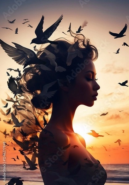 Fototapeta Portrait of a woman and a bird on the background of the evening beach and sunset. The concept of psychological states, suffering, sadness, reflections, memories and dreams. Vertical illustration.