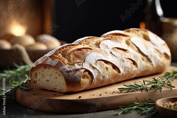 Fototapeta Homemade bread loaf with fresh thyme on a wooden board. Side view close-up. Modern horizontal minimalist food photography.