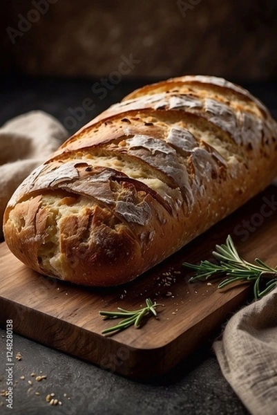 Fototapeta Realistic homemade bread loaf with fresh thyme on a wooden board. Side view close-up. Modern vertical stylish minimalist food photography.