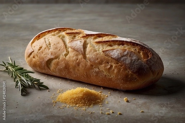 Fototapeta Realistic homemade bread loaf on the table Side view close-up. Modern horizontal minimalist food photography.