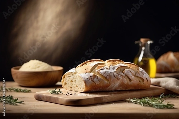 Fototapeta Realistic homemade bread loaf with olive oil on a wooden board. Side view close-up. Modern horizontal minimalist food photography.