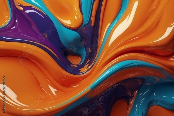 Fototapeta Realistic orange paint close-up flows mixing with blue and purple. Paint splashes for design backgrounds in a stream. Top view. Horizontal illustration.
