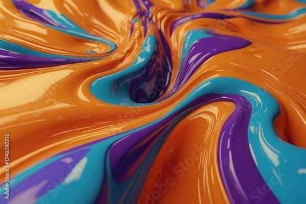 Fototapeta Realistic orange paint close-up flows mixing with blue and purple. Paint splashes for design backgrounds in a stream. Horizontal illustration.