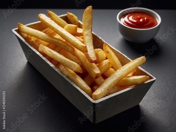 Fototapeta French fries in cubes in a rectangular paper plate. Ketchup sauce next to it. Stylish food shooting. Minimalist photography.