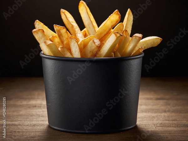 Fototapeta Fresh aromatic french fries in cubes in a black round paper cup.Stylish food shooting. Side view. Vertical minimalist photography.