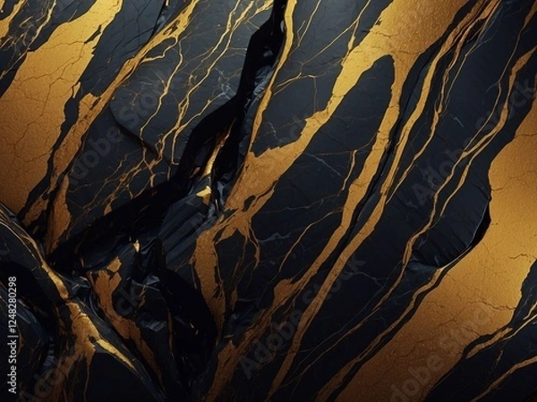 Fototapeta Realistic black stone or solidified resin texture with gold veins. Luxurious pattern for decoration, top view close-up.