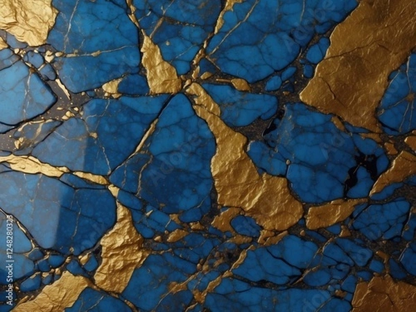 Fototapeta Realistic blue stone three-dimensional texture of marble with gold veins. Luxurious pattern for decoration, top view close-up. Art of stone in the cut.