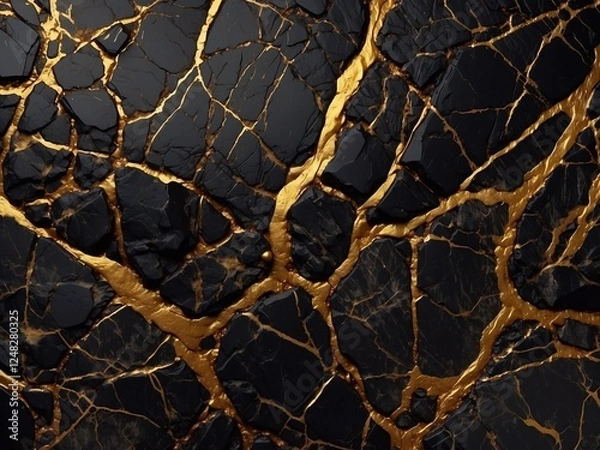 Fototapeta Realistic black stone or frozen resin texture with shallow gold veins. Luxurious pattern for decoration, top view close-up. Art of stone in the cut.