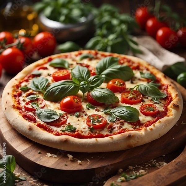 Fototapeta Fresh aromatic pizza with tomatoes and basil on a wooden board on the table. Modern stylish food shooting. Close-up view.