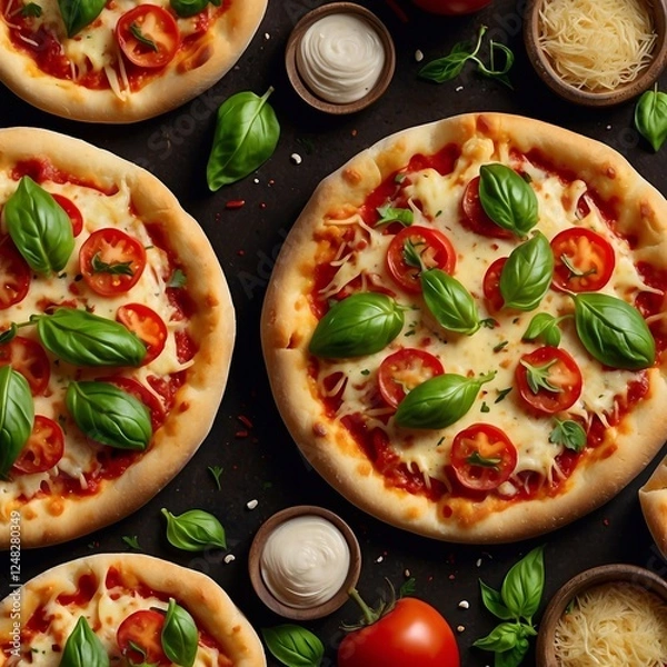 Fototapeta Fresh aromatic mini pizza with tomatoes and basil on the table. Modern stylish food photography. Close-up view from above.
