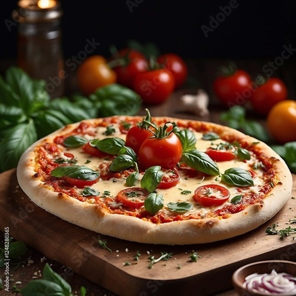 Fototapeta Fresh aromatic pizza with tomatoes and basil on a wooden board on the table. Modern stylish food shooting. Close-up view from the side.