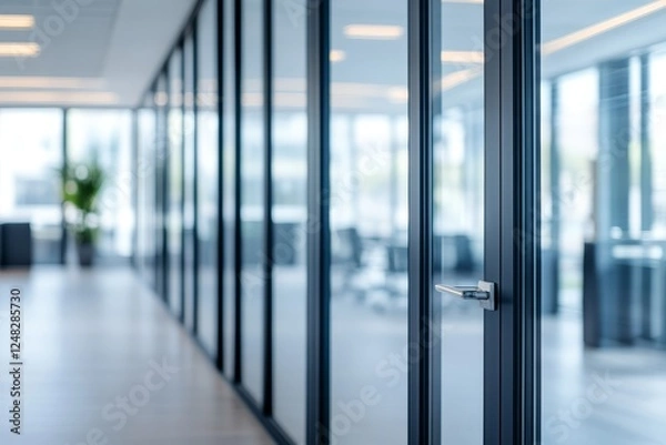 Fototapeta Modern office hallway with glass partitions, showing open office space