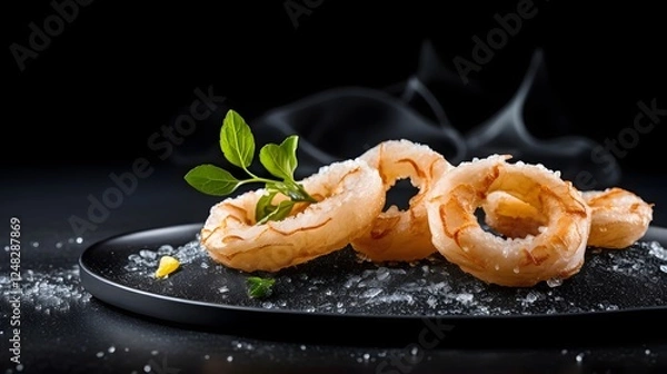 Fototapeta Frozen calamari rings arranged beautifully on a sleek black slate surface with delicate ice crystals and details highlighting the seafood s textures and presentation  This minimalist