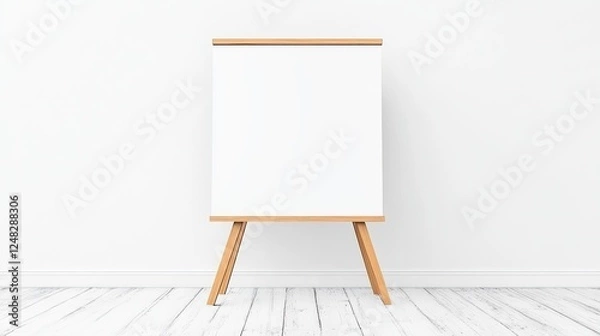 Fototapeta Minimalistic blank canvas on wooden easel in bright, modern interior space for creative ideas