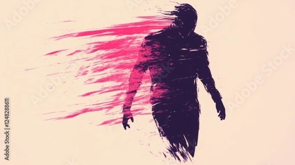 Fototapeta Abstract figure dissolving into pink streaks symbolizing disintegration change or the fleeting nature of existence on light background