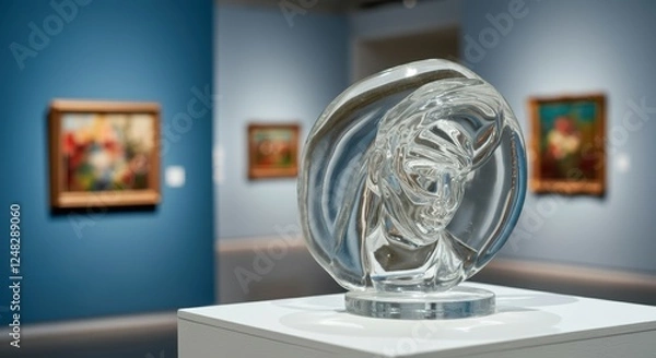 Fototapeta Modern art gallery with glass sculpture and colorful paintings