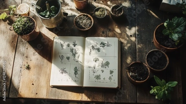 Fototapeta A notebook is open on a table with a drawing of a garden