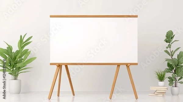 Fototapeta Minimalist presentation board in a bright room with potted plants and a clean aesthetic