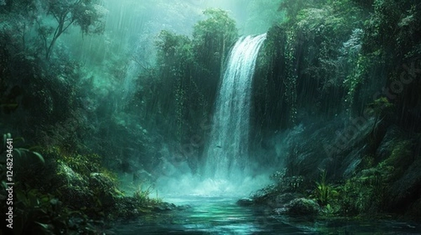 Fototapeta Lush jungle waterfall, mist, tranquil pool, serene landscape, nature background