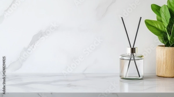 Fototapeta Minimalist glass diffuser set on a marble countertop with decorative plant in a modern interior setting