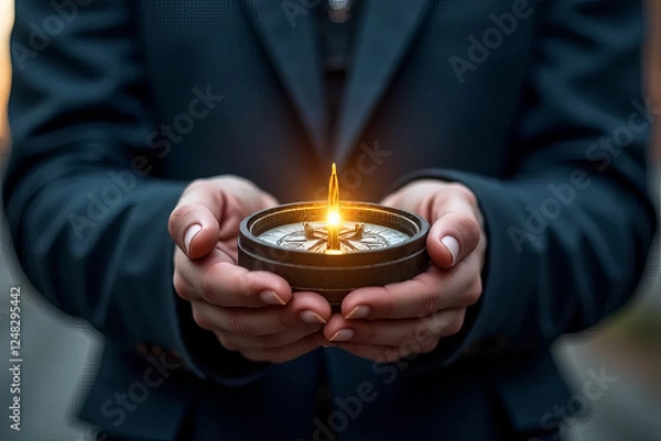 Fototapeta person holding compass with glowing flame, symbolizing guidance and direction
