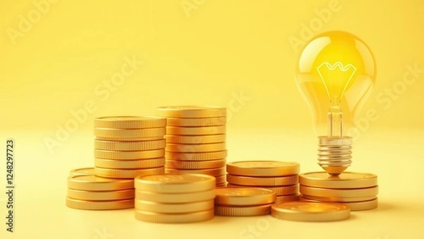 Fototapeta Stacks of coins, light bulb and increasing graph. Concept illustration for start up idea.