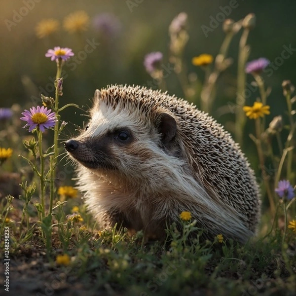 Fototapeta A tiny hedgehog sniffing a wildflower, capturing the beauty of small creatures in nature.