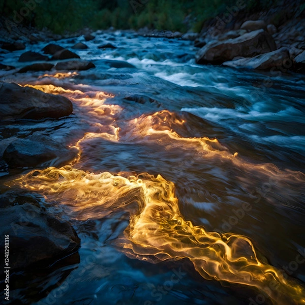 Fototapeta Flowing River with Light Reflection Long Exposure"