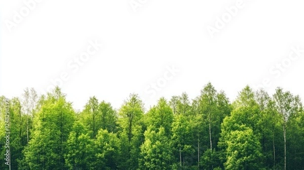 Fototapeta Lush green forest canopy against bright sky; nature background