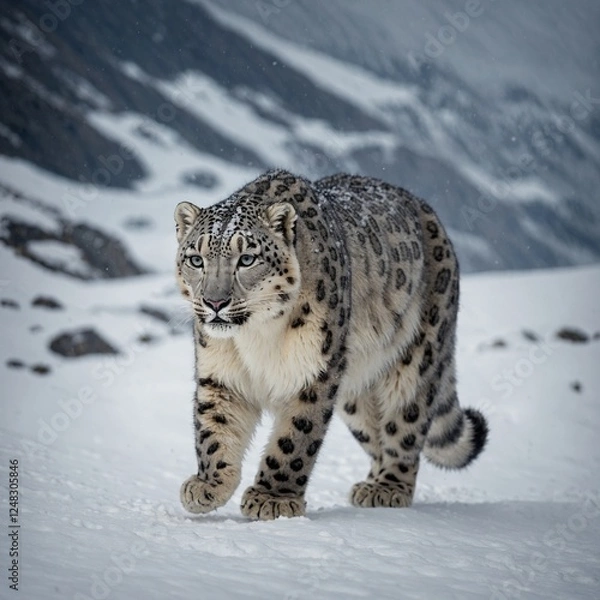 Fototapeta A snow leopard gracefully walking through the snowy Himalayas, symbolizing rare and endangered species.