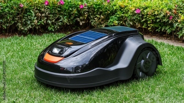 Fototapeta Solar-Powered Automated Lawn Mower for Efficient Garden Maintenance