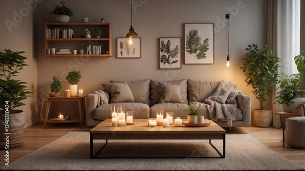Fototapeta Warm and inviting living room with candles, plants, and natural light creating a cozy and relaxing atmosphere indoors.