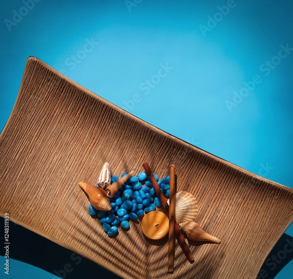 Obraz Shadow of leaves falling on seashells and stones on a blue background